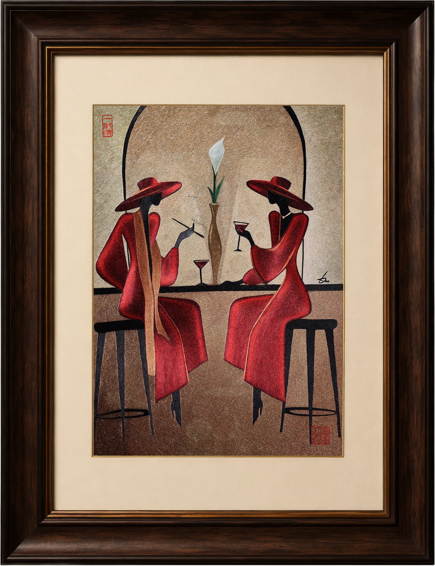Framed Conversation with Myself silk embroidery: two women in red at a bar, a white lily between them.