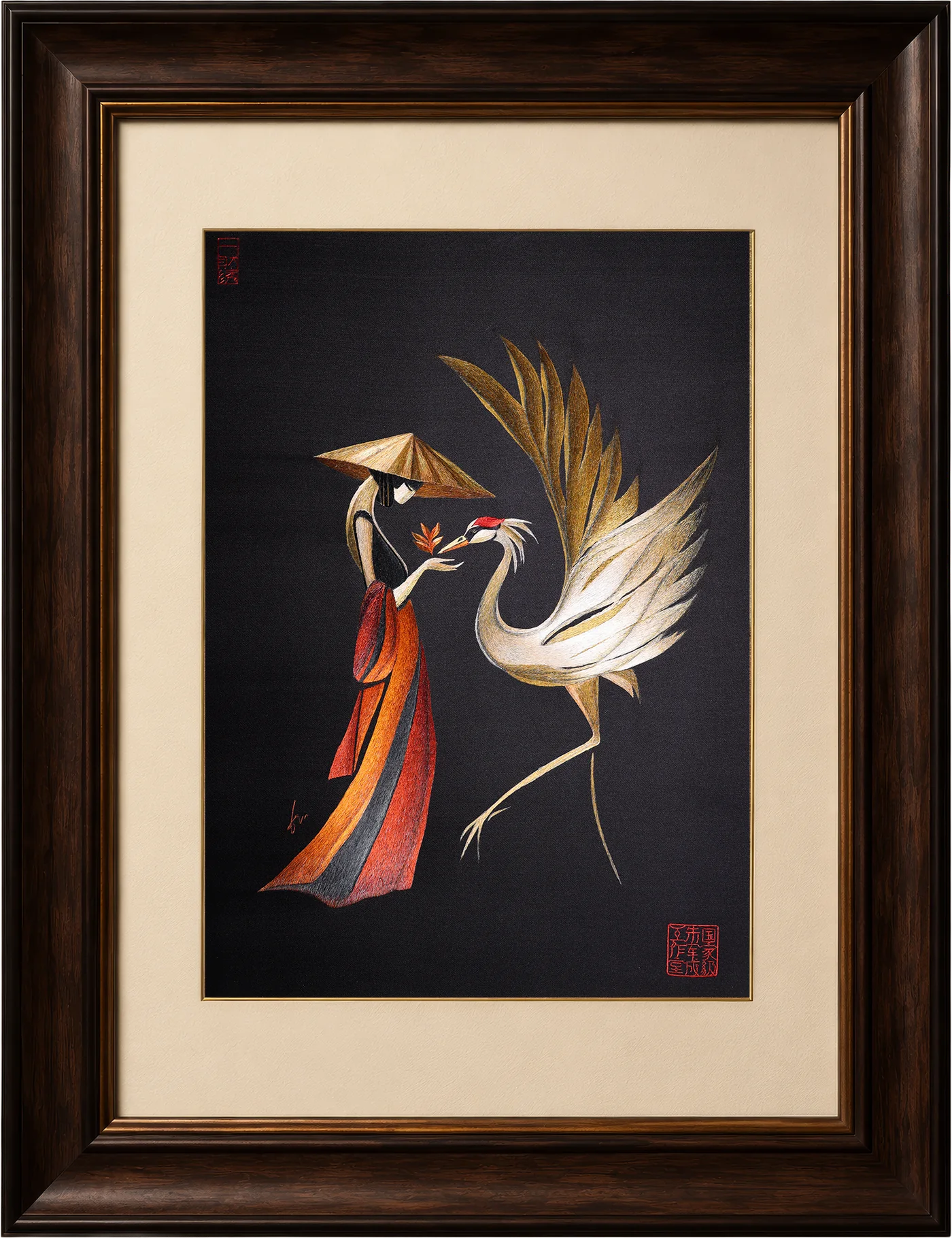 Framed Crane Dance silk embroidery: a woman in a conical hat offers a maple leaf to a golden-winged crane.