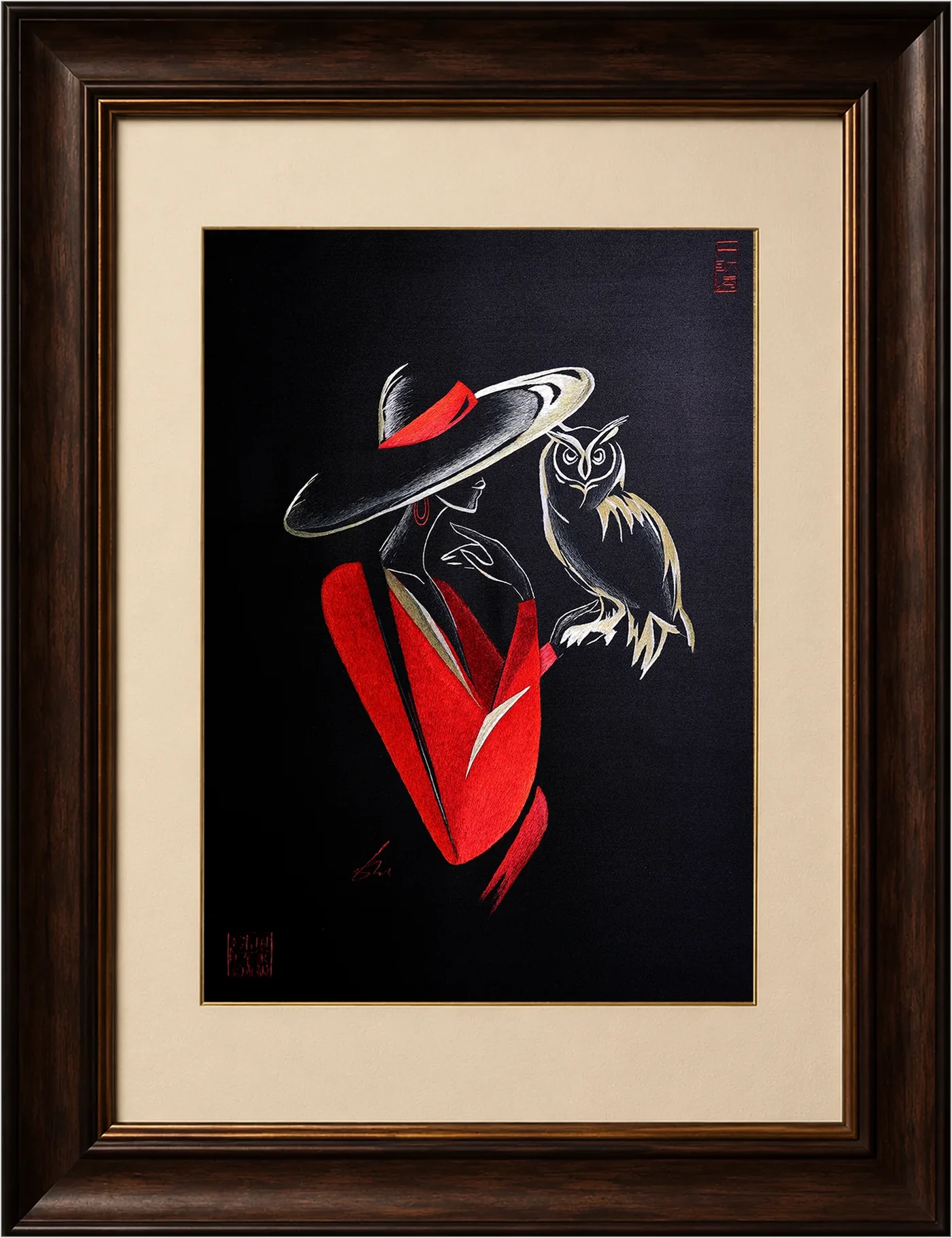 Framed Owl Queen silk embroidery: a woman in a wide black hat and crimson coat holding an owl.